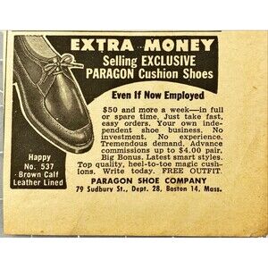 Paragon Shoe Co. Extra Money Selling Paragon Cushion Shoes Vintage Print Ad 1954